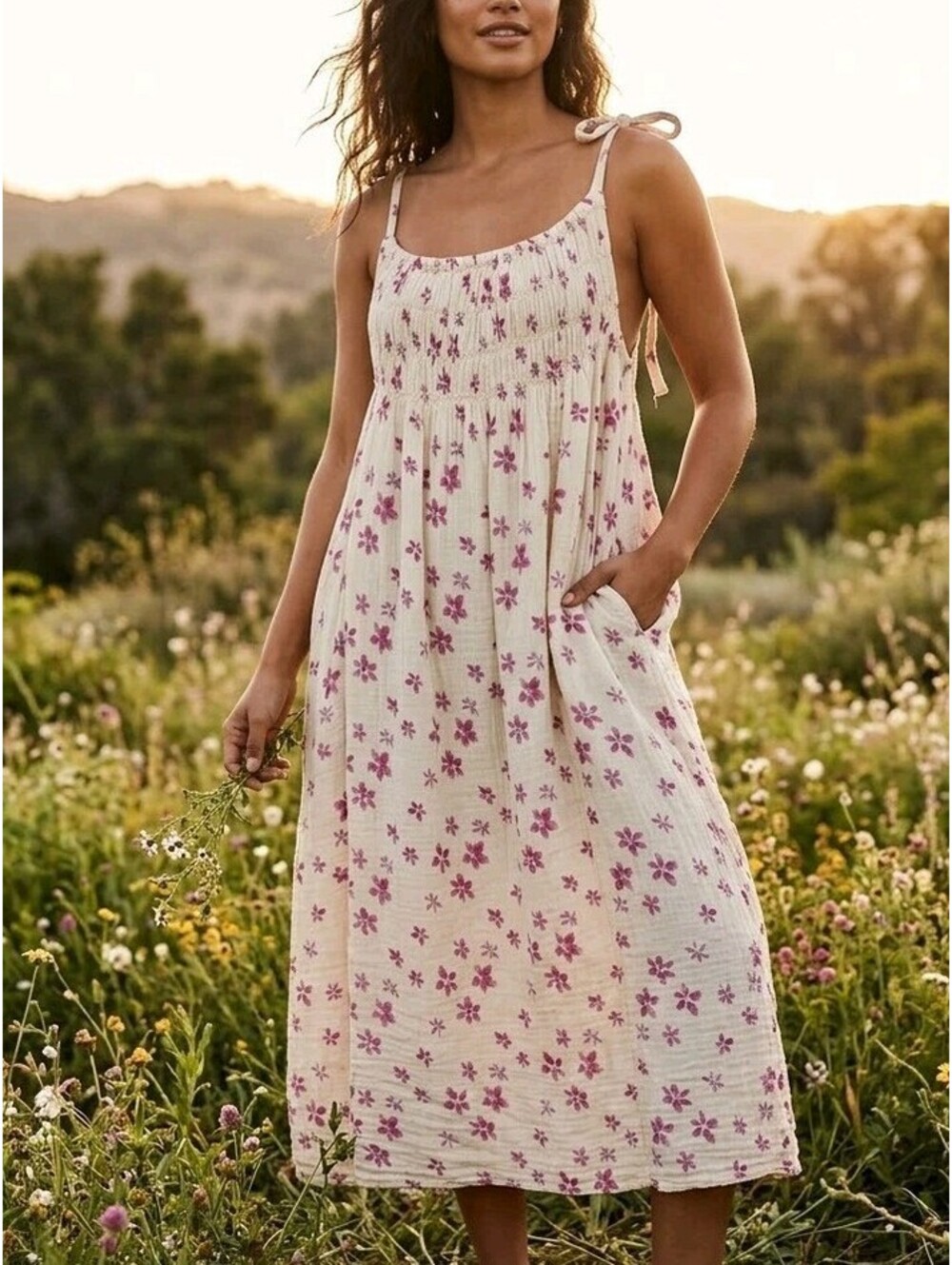 Free People Sundress Womens M White Floral Smocked Tie Strap Maxi Boho Pockets